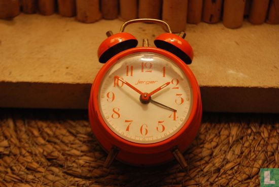 Two Bell Top Vintage Alarm Clock Jerger Germany Red Orange - Image 2