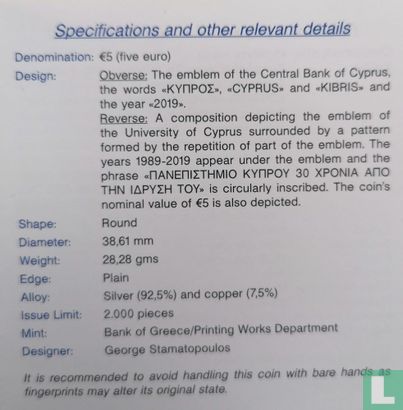 Chypre 5 euro 2019 (BE) "30th anniversary Founding of the University of Cyprus" - Image 3
