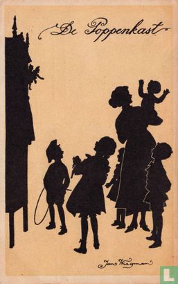 Silhouet van kinderen en moeder bij poppenkast - Image 1