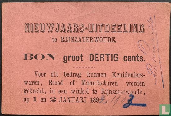 Notgeld 30 Cent 189_ Neujahrsverteilung Rijnzaterwoude (PL807.3) - Bild 1