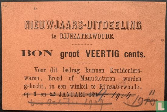 Notgeld 40 Cent 189_ Neujahrsverteilung Rijnzaterwoude (PL807.4) - Bild 1