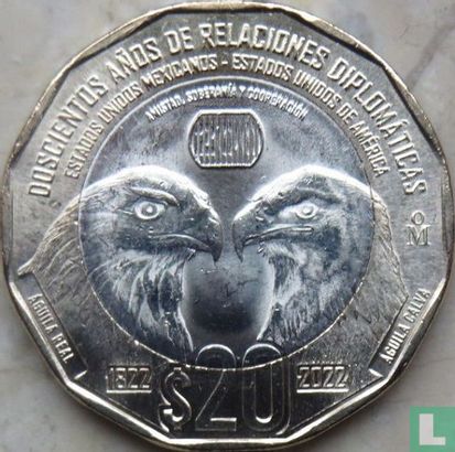 Mexique 20 pesos 2022 "200 years of diplomatic relations between Mexico and the United States" - Image 1
