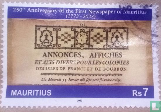 250 th anniversary of the newspaper of Mauritius 1723-2023.
