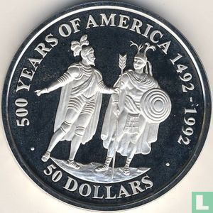 Îles Cook 50 dollars 1990 (BE) "500 years of America - Cortez and Montezuma" - Image 2