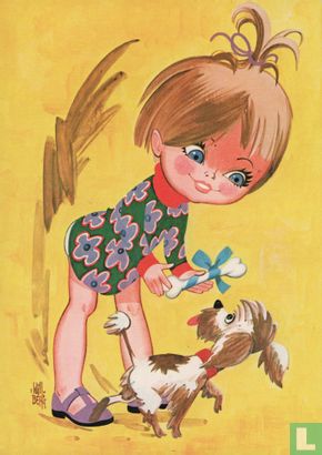 Meisje geeft hondje een bot met strikje eromheen - Afbeelding 1