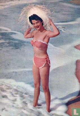 vrouw rood-wit geblokte bikini - witte hoed - Afbeelding 1