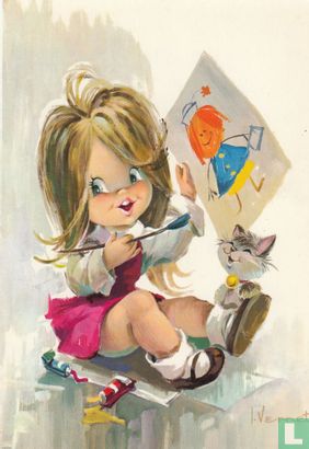 Kinderkaart meisje - kat - verf - penceel - tekening