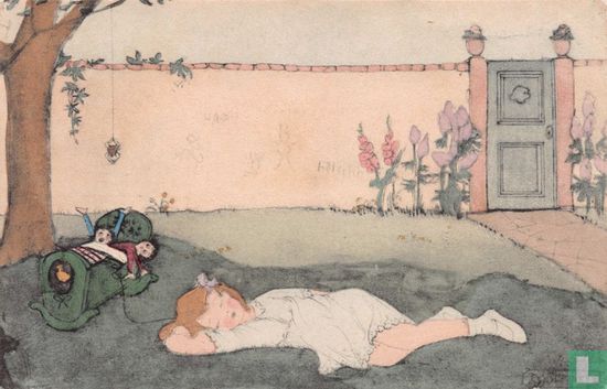 Slapend meisje in tuin - Afbeelding 1