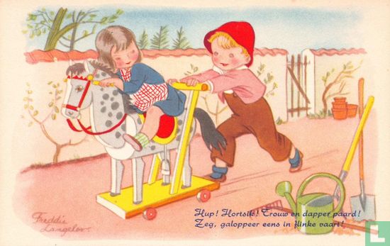 Jongetje duwt meisje op houten paard - Image 1