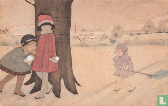 Kinderen met sneeuwbal en slee - Afbeelding 1