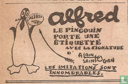 Alfred le pingouin porte une étiquette avec la signature d'Alain Saint-Ogan