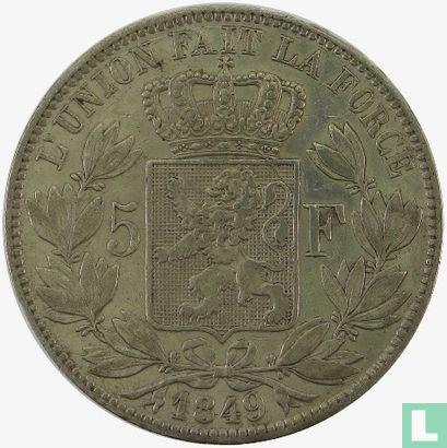 Belgium 5 francs 1849 (bareheaded - small 9) - Image 1