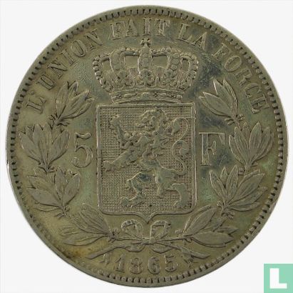 België 5 francs 1865 (Leopold I - zonder punt na F) - Afbeelding 1