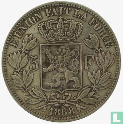 België 5 francs 1868 (klein hoofd - positie A) - Afbeelding 1