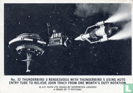 Thunderbird 3 rendesvous with Thunderbird 5 using auto entry tube to relieve John Tracy from one month's duty rotation. - Afbeelding 1