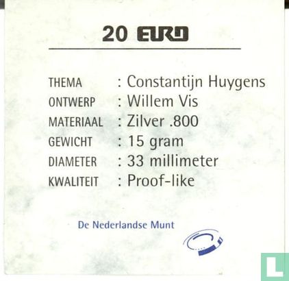 Nederland 20 euro 1996 "Constantijn Huygens" (met gehaltesymbool) - Bild 3