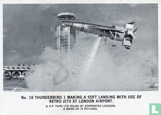Thunderbird 1 making a soft landing with use of retro jets at London Airport. - Image 1