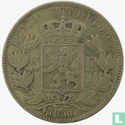 Belgien 5 Franc 1850 (ohne Punkt oberhalb dem Jahr) - Bild 1