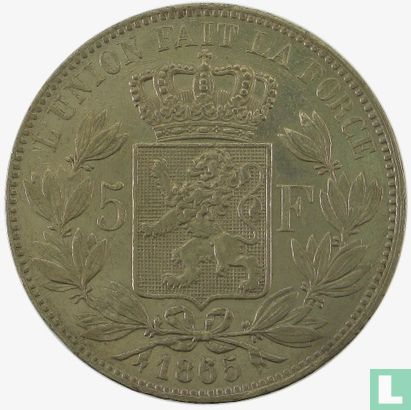 Belgique 5 francs (1865/1855 - sans point après F) - Image 1