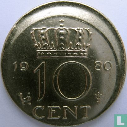 Netherlands 10 cent 1980 (misstrike) - Image 1