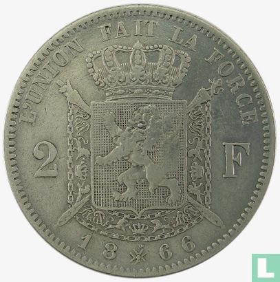 België 2 francs 1866 (met kruis op kroon) - Afbeelding 1