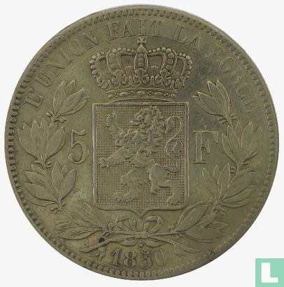 Belgium 5 francs 1850 (with dot above year) - Image 1