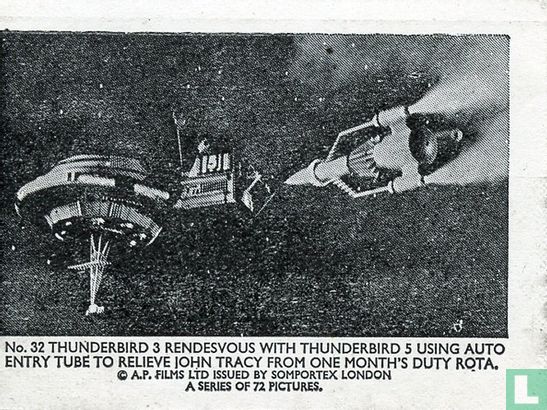 Thunderbird 3 rendesvous with Thunderbird 5 using auto entry tube to relieve John Tracy from one month's duty rotation. - Image 1