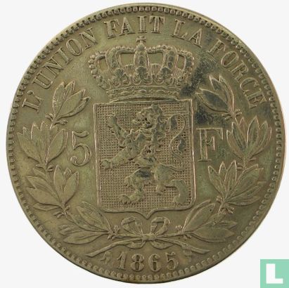 Belgien 5 Franc 1865 (Leopold II - kleiner Kopf)  - Bild 1