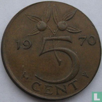 Netherlands 5 cent 1970 (misstrike) - Image 1