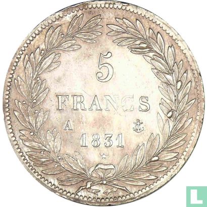 Frankrijk 5 francs 1831 (Tekst incuse - Bloot hoofd - A) - Afbeelding 1