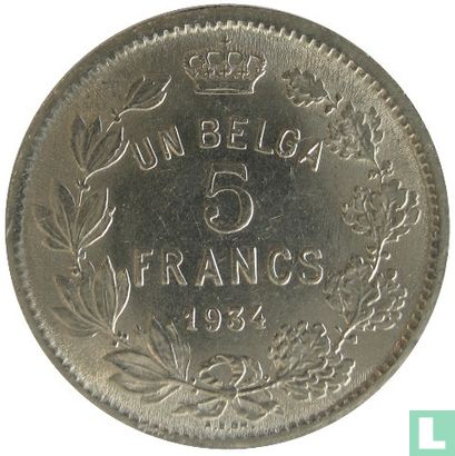 Belgique 5 francs 1934 (position A) - Image 1