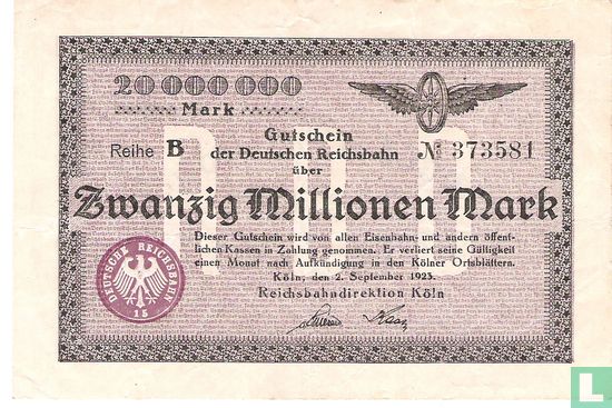 Köln 20 Miljoen Mark 1923 - Afbeelding 1