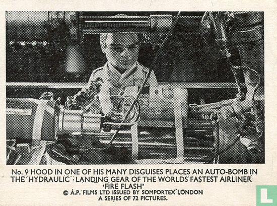 Hood in one of his many disguises places an auto-bomb in the hydraulic landing gear of the world's fastest airliner 'Fire Flash'. - Afbeelding 1