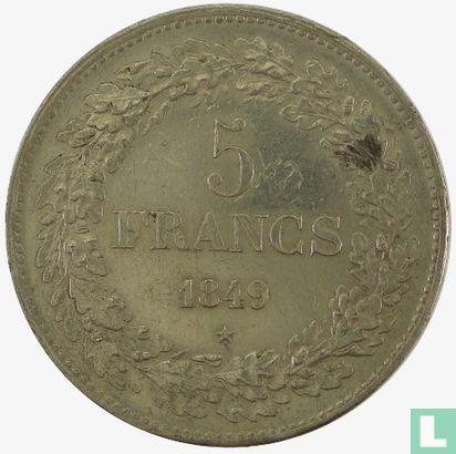 België 5 francs 1849 (gekroond hoofd) - Afbeelding 1
