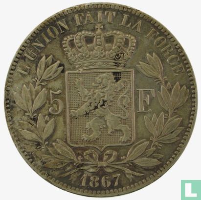 Belgien 5 Franc 1867 (kleiner Kopf - mit Punkt nach F) - Bild 1
