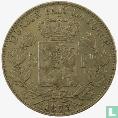 Belgique 5 francs 1873 (position A - PROTEGE court) - Image 1