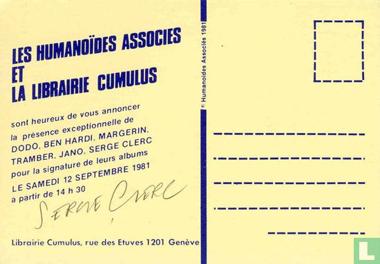 Uitnodigingskaart signeersessie Librairie Cumulus/Les Humanoïdes Associés - Image 2
