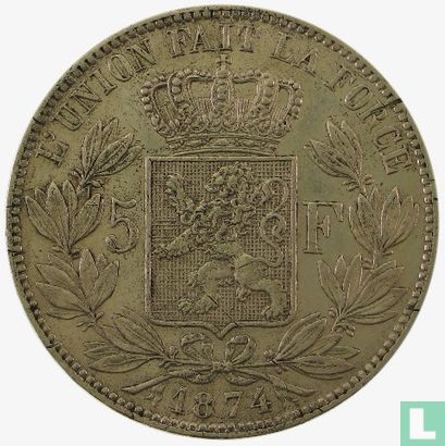 België 5 francs 1874 - Afbeelding 1