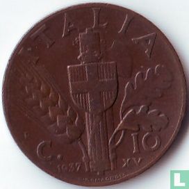 Italy 10 centesimi 1937 (type 2) - Image 1