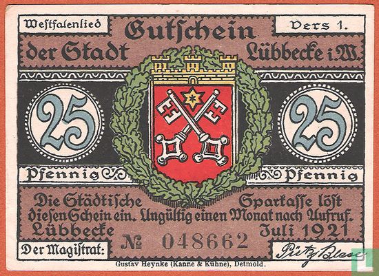 Lübbecke en Westphalie 25 Pfennig - Image 1