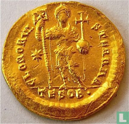 Romeinse Rijk, goud Solidus, 402-450 AD, Theodosius II, Thessalonica, 424-425 AD - Afbeelding 1