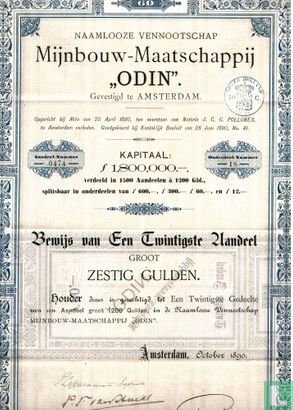 Mijnbouw-maatschappij "Odin", Bewijs van 1/20e aandeel, 60 gulden, 1890