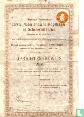Eerste Nederlandsche Kogellager- en Schroevenfabriek, Oprichtersbewijs, 1912