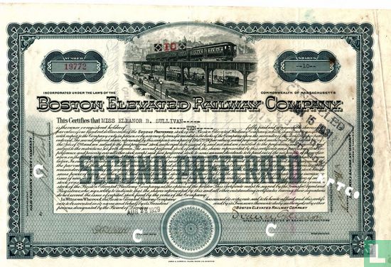 Boston Elevated Railway Company, Certificate of 10 shares Second Preferred Stock $ 100,= each, 1929