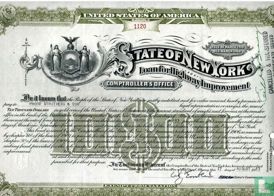 State of New York, Loan for Highway Improvement, $ 10.000,=, Issue of March 1910