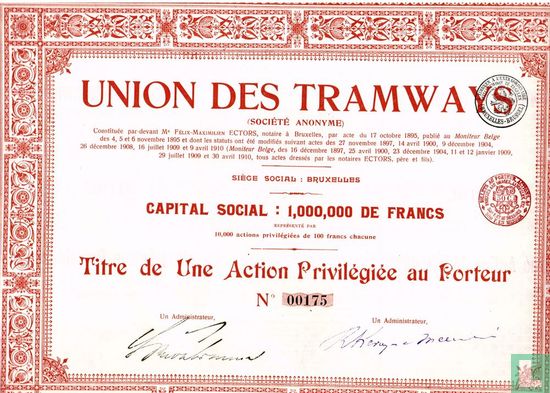 Union des Tramways, Titre de Une Action Privilegiee au Porteur 100 Francs