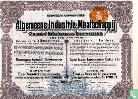 Algemeene Industrie-maatschappij, 1/100 Oprichtersaandeel, 1928