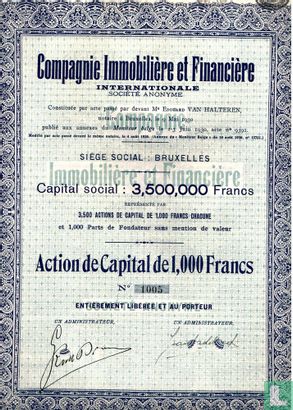 Compagnie Immobiliere et Financiere Internationale, Action de capital 1,000 Francs