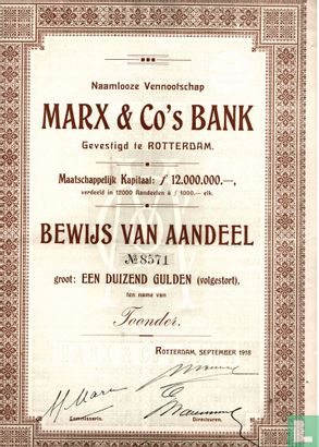 Marx & Co's Bank, Bewijs van aandeel, 1.000 Gulden, 1918