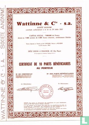 Wattinne & Cie, Certificat de 10 parts beneficiaires, blankette